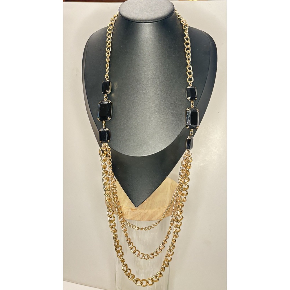 Vintage 32" Triple Strand Gold Tone Chain Link Black Bead Necklace